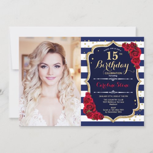 15th Birthday Party With Photo _ Red Gold Navy Invitation