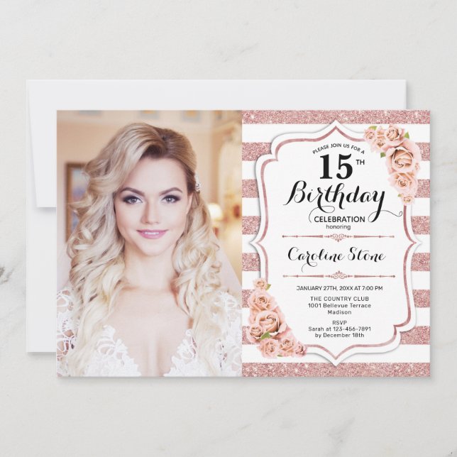 15th Birthday Party With Photo - Rose Gold White Invitation (Front)