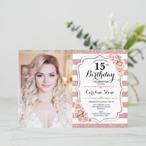 15th Birthday Party With Photo - Rose Gold White Invitation | Zazzle