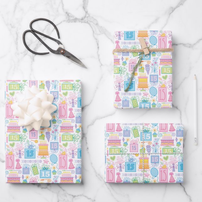 15th Birthday Pastel Pink Cake Presents Balloons Wrapping Paper Sheets (Front)