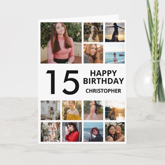 15th Birthday Photo Collage 13 Photos Black White Card (Front)