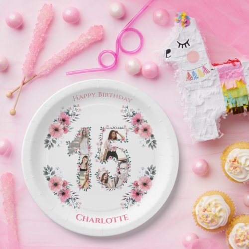 15th Birthday Photo Collage Girl Pink Flower White Paper Plates