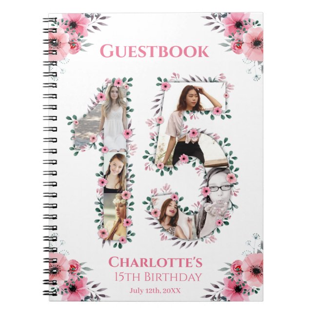 15th Birthday Photo Collage Pink Flower Guest Book (Front)