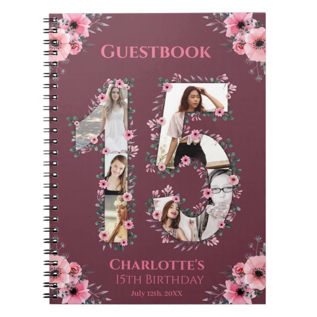 15th Birthday Photo Collage Pink Flower Guest Book (Front)