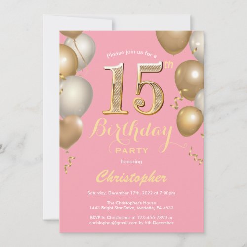 15th Birthday Pink and Gold Balloons Confetti Invitation