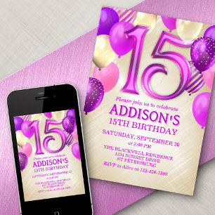 15th Birthday Pink Balloons Invitation
