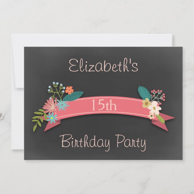 15th Birthday Pink Banner Flowers Chalkboard Invitation (Front)