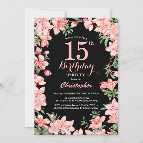 15th Birthday Pink Floral Flowers Black Background Invitation