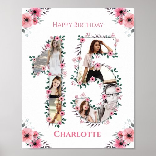 15th Birthday Pink Flower Girl Photo Collage White Poster