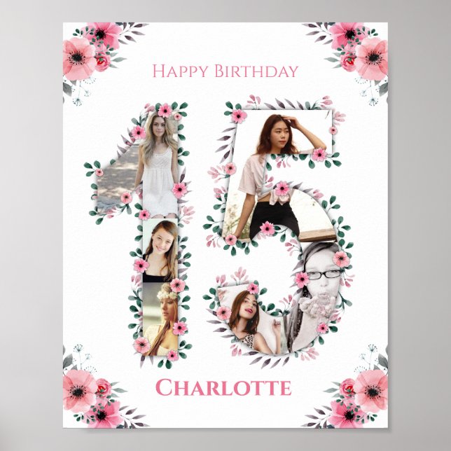 15th Birthday Pink Flower Girl Photo Collage White Poster (Front)