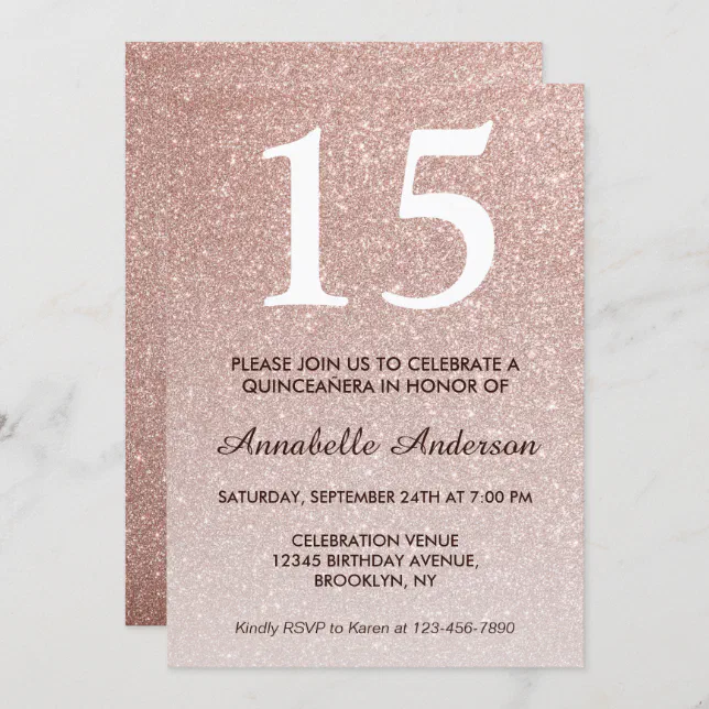 15th Birthday Pink Rose Gold Glitter Quinceañera Invitation 