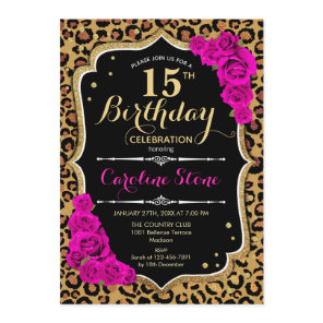 15th Birthday - Pink Roses Leopard Print Invitation
