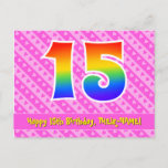 [ Thumbnail: 15th Birthday: Pink Stripes & Hearts, Rainbow 15 Postcard ]