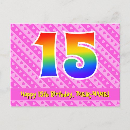 15th Birthday Pink Stripes  Hearts Rainbow 15 Postcard