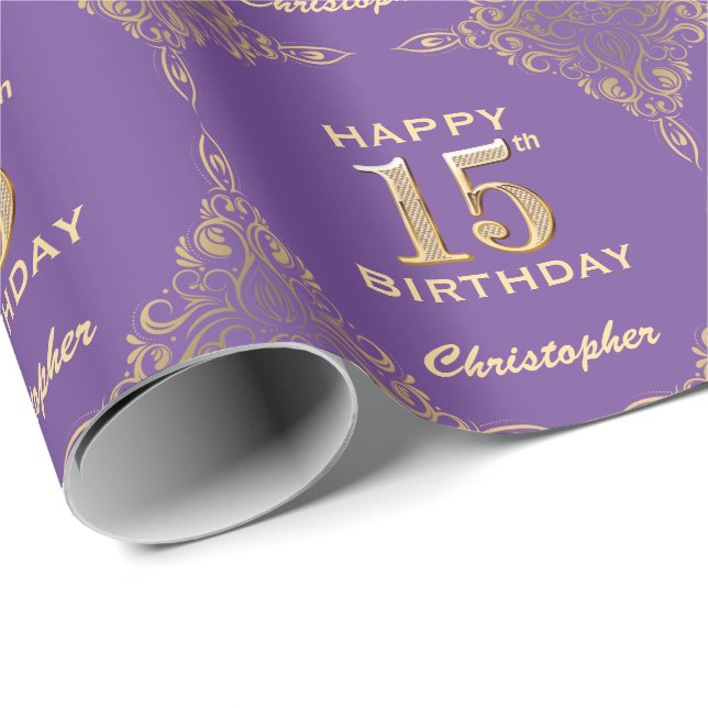 15th Birthday Purple and Gold Glitter Frame Wrapping Paper (Roll Corner)