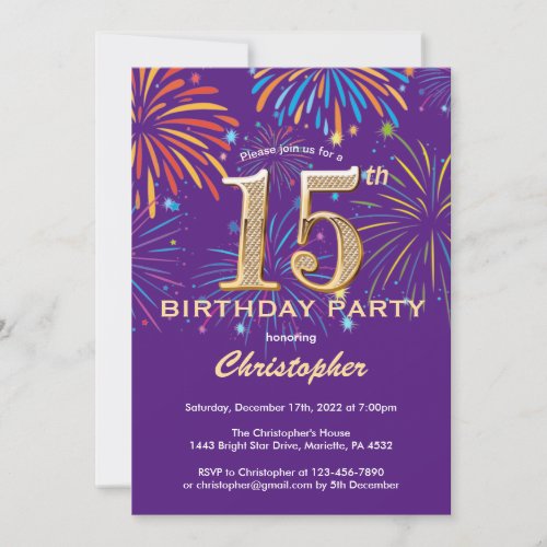 15th Birthday Purple and Gold Rainbow Fireworks Invitation