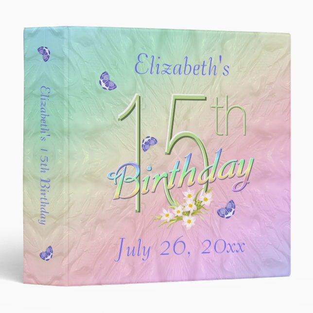 15th Birthday Purple Butterfly Rainbow 3 Ring Binder (Front/Spine)