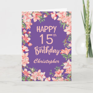 15th Birthday Purple Pink Peach Watercolor Floral Card