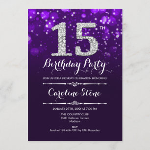 15th Birthday - Purple Silver Invitation