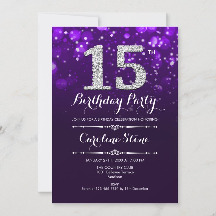 15th Birthday - Purple Silver Invitation 