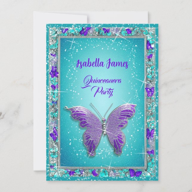 15th birthday purple turquoise jewelry Butterfly Invitation (Front)