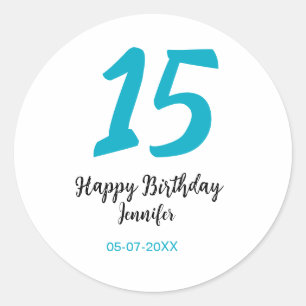 15th birthday quiencenera add date year blue templ classic round sticker
