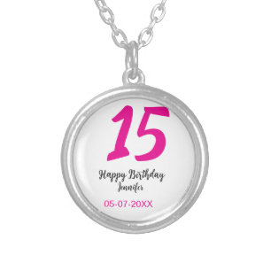 15th birthday quiencenera add date year pink templ silver plated necklace