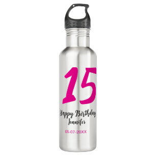 15th birthday quiencenera add date year pink templ stainless steel water bottle