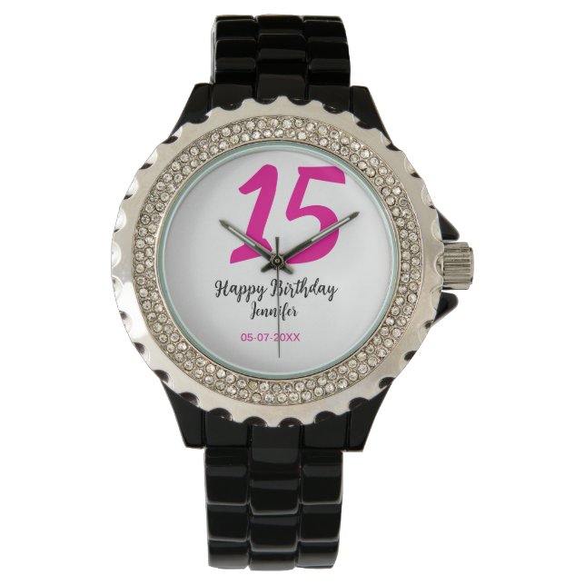 15th birthday quiencenera add date year pink templ watch (Front)