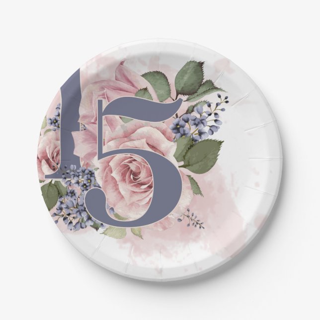 15th Birthday Quinceanera Chic Floral Watercolor  Paper Plates (Front)