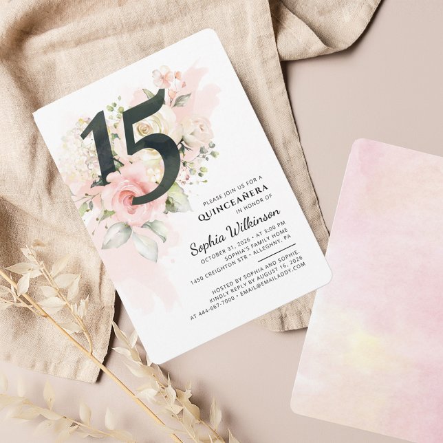 15th Birthday Quinceanera Eucalyptus Pink Floral Invitation (Pink Floral Quinceanera Blush 15th Birthday Party Invitation)