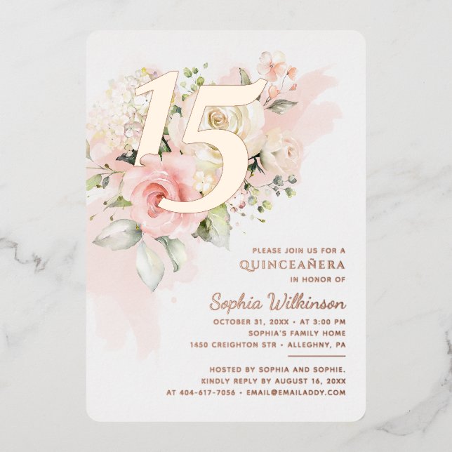 15th Birthday Quinceanera Floral Gold Foil Invitation (Front)