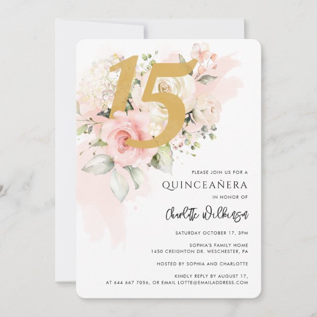 15th Birthday Quinceanera Floral Watercolor Invitation (Front)