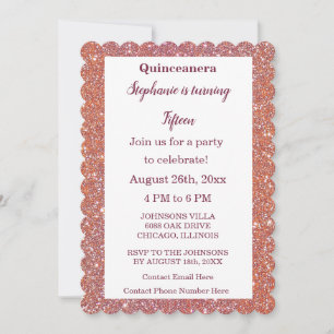 15th Birthday Quinceanera Orange Pink Rose Glitter Invitation