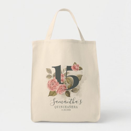 15th Birthday Quinceanera Pink Floral Greenery Tote Bag