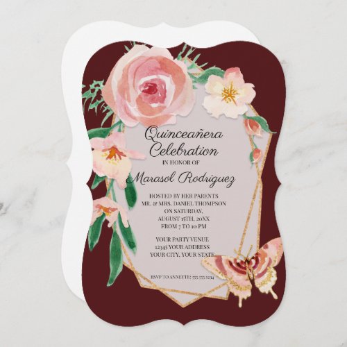 15TH Birthday Quinceaera Pink Floral w Butterfly Invitation
