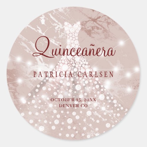 15th birthday quinceanera rose gold gown glitter classic round sticker