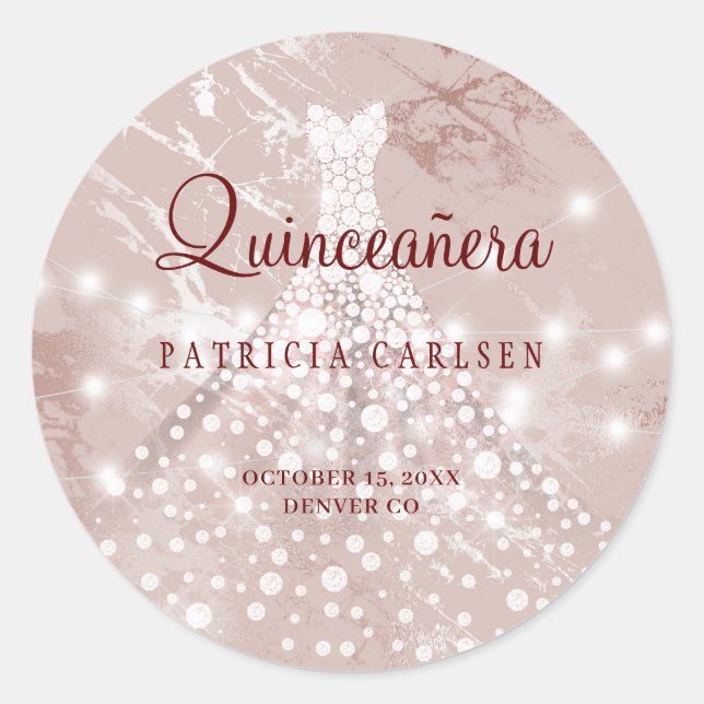 15th birthday quinceanera rose gold gown glitter classic round sticker (Front)