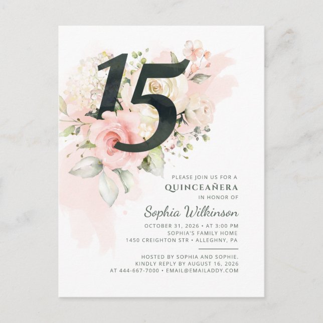 15th Birthday Quinceanera Rustic Floral Modern Invitation Postcard (Front)