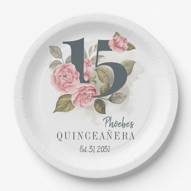 15th Birthday Quinceanera Rustic Floral Paper Plates (Front)