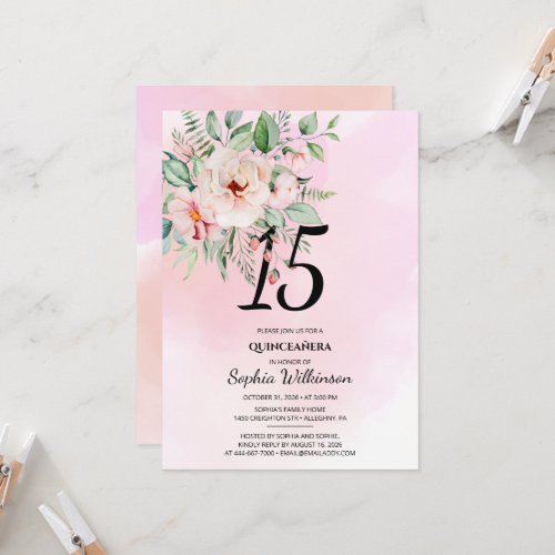 15th Birthday Quinceanera Rustic Floral Watercolor Invitation