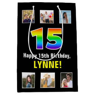 15th Birthday: Rainbow “15“, Custom Photos & Name Medium Gift Bag