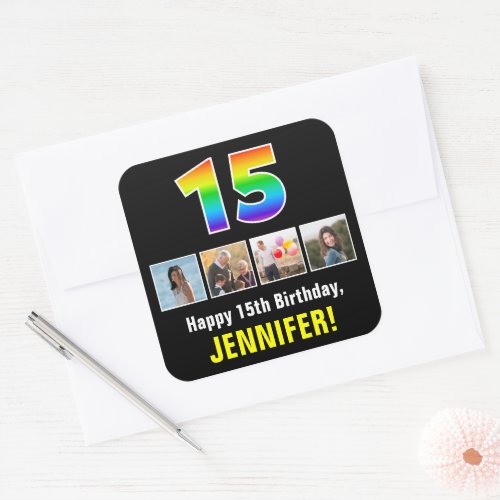 15th Birthday Rainbow 15 Custom Photos  Name Square Sticker