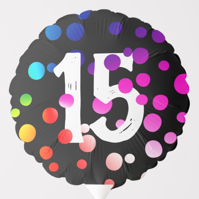 15th Birthday Rainbow Dots on Black Balloon (Front)