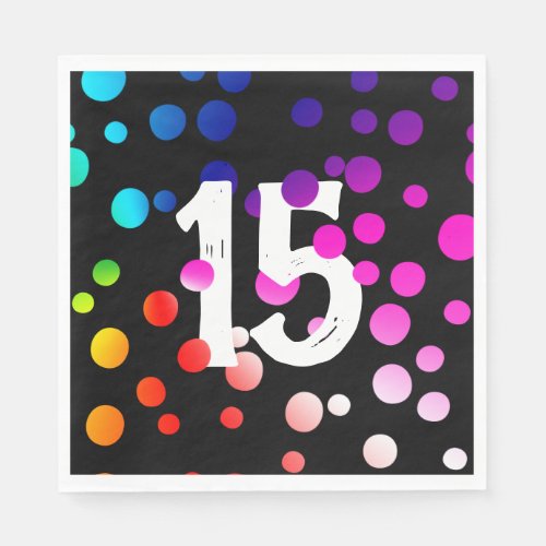 15th Birthday Rainbow Dots on Black Napkins