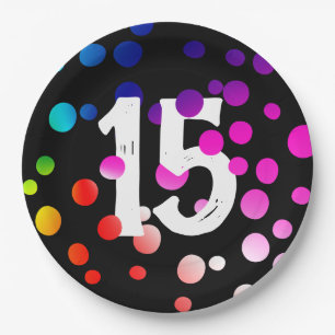 15th Birthday Rainbow Dots on Black Paper Plates