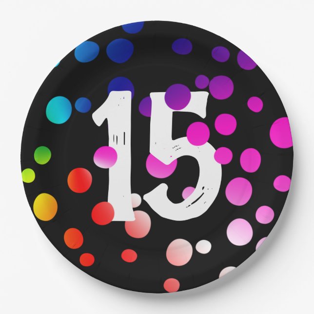 15th Birthday Rainbow Dots on Black Paper Plates (Front)