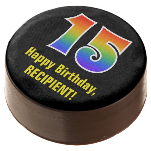 15th Birthday - Rainbow Spectrum Pattern Number 15 Chocolate Covered Oreo (Angled)