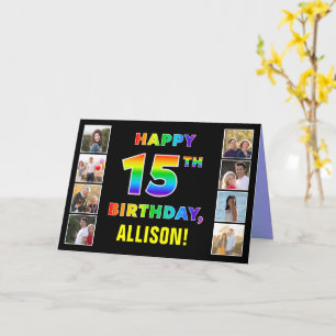 15th Birthday: Rainbow Text, Custom Photos & Name Card
