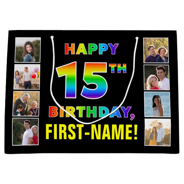 15th Birthday: Rainbow Text, Custom Photos & Name Large Gift Bag (Front)